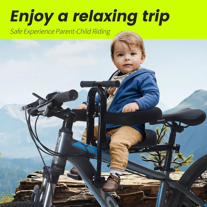Kids Bike Seat Front Mounted and Handlebar Child Bike Seat Guardrail Detachable Front Mounted Toddler Bicycle Seats Bicycle Seats with Foot Pedals for Children 1~5 Years Compatible with All Adult MTB