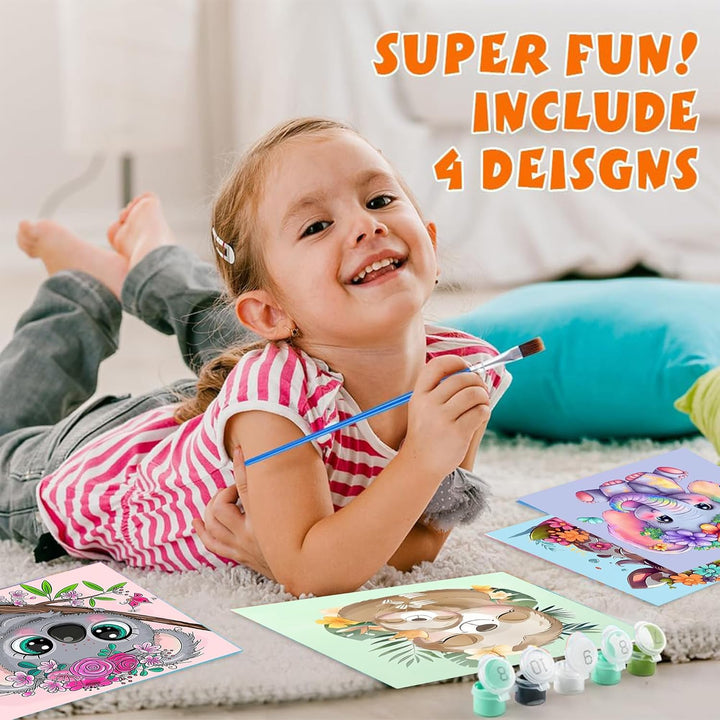 4 Pack Paint by Numbers for Kid Ages 4-8,Animals Paint by Number Kits for Kids, DIY Animal Oil Painting Suitable for Home Decoration (8X8Inch)