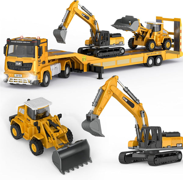 Kids Toys for 3 4 5 6 7 Years Old Boys, Die-Cast Construction Toys Set W/Semi Truck, Excavator, Bulldozer, Alloy Engineering Construction Vehicles Truck Toys W/Lights & Sounds, Model Cars