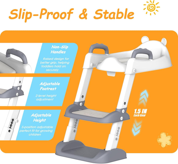 Potty Training Seat with Step Stool Ladder for Toddlers, Adjustable Kids Toilet Seat with Splash Guard, Anti-Slip Pads & Safety Handles, Comfortable Potty Chair for Boys & Girls (Grey)