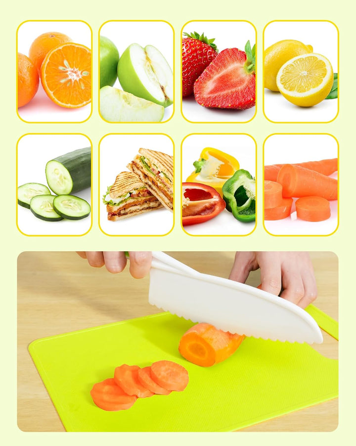 Kids Knife Set, 5 Pcs Montessori Kitchen Tools for Toddlers' Real Cooking, BPA Free Kids Safe Kitchen Cooking and Baking Set with Peeler, Cutting Board for Sandwich Bread Vegetable Fruit Present Gift