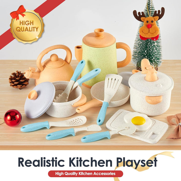 Pretend Play Kitchen Accessories Toys Set, Cookware Pots and Pans Cooking Utensils Playset Gifts for 3 4 5 Years Old Kids Girls Boys Toddler