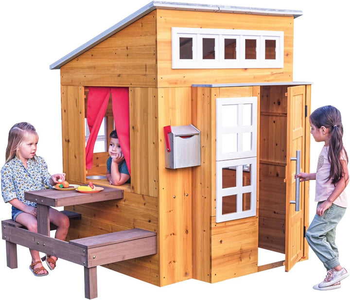 Modern Outdoor Wooden  with Picnic Table, Mailbox and Outdoor Grill ,Gift for Ages 3+