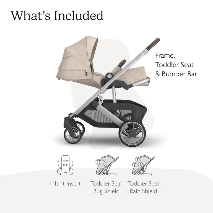 Cruz V3 Stroller - from Birth + Car Seat Compatible - Full-Size, Reversible Seat - Infant Insert, Bug and Rain Shields Included - Declan (Oat Mélange/Silver Frame/Chestnut Leather)
