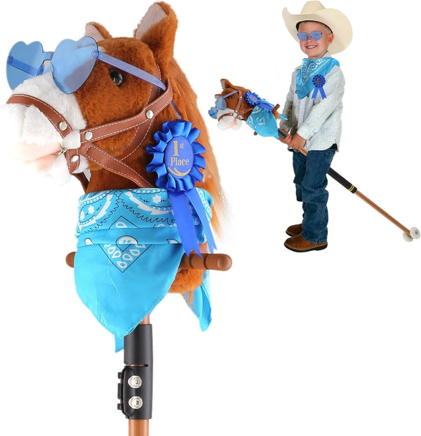 Hobby Horse on a Stick,30 to 50In Stick Horse Plush Handcrafted with Illuminated Wheel Music Pony Riding Plush Horsetoy Sturdy Stick Stainless Steels Soft Sponge Handle (Brown)