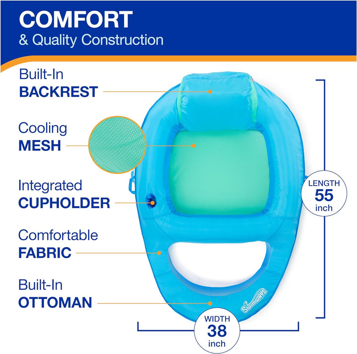 Spring Float Premium Recliner Pool Lounger, Inflatable Pool Floats Adult with Fast Inflation for Ages 15 & Up, Sky Blue