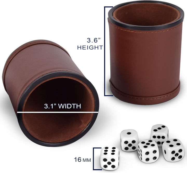 5 Pack of Professional Dice Cups PU Leather and Brown Velvet Lined, Includes 25 White Six-Sided Dice