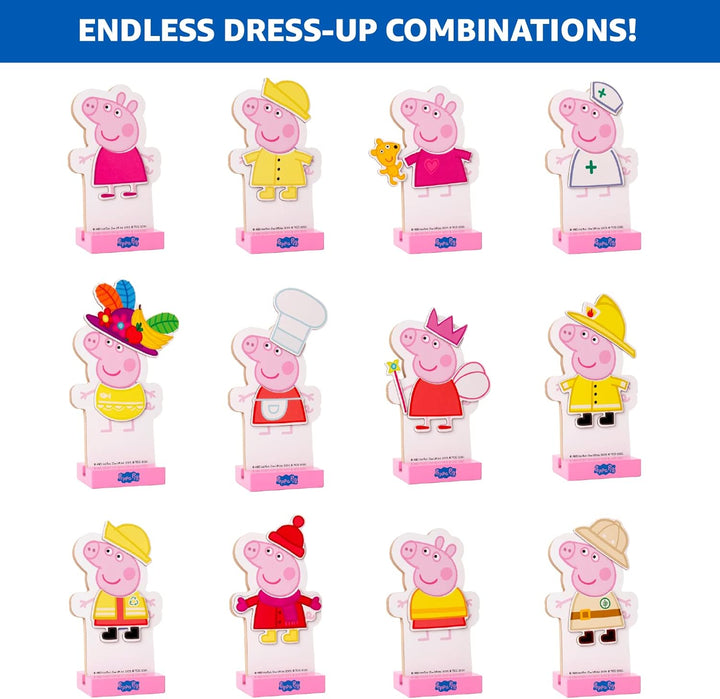 Peppa Pig Magnetic Wood Dress up Doll. Includes 26 Colorful Magnetic Wood Pieces and Wooden Storage Box. Encourages Creative Play with Mix and Match Fun for Preschoolers and Kids Ages 3 and Over.