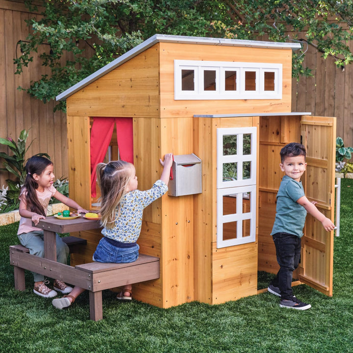 Modern Outdoor Wooden  with Picnic Table, Mailbox and Outdoor Grill ,Gift for Ages 3+