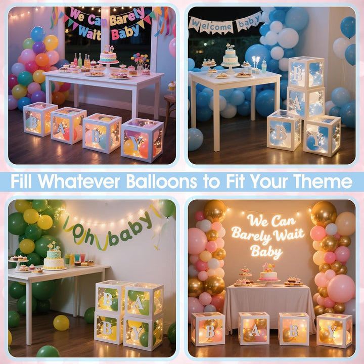 Baby Boxes with Letters for Baby Shower Decorations, 4 Pcs Clear Baby Balloon Boxes Blocks Decor with LED Fairy String Lights for Boy Girl Gender Reveal Decorations Backdrop Party (White)