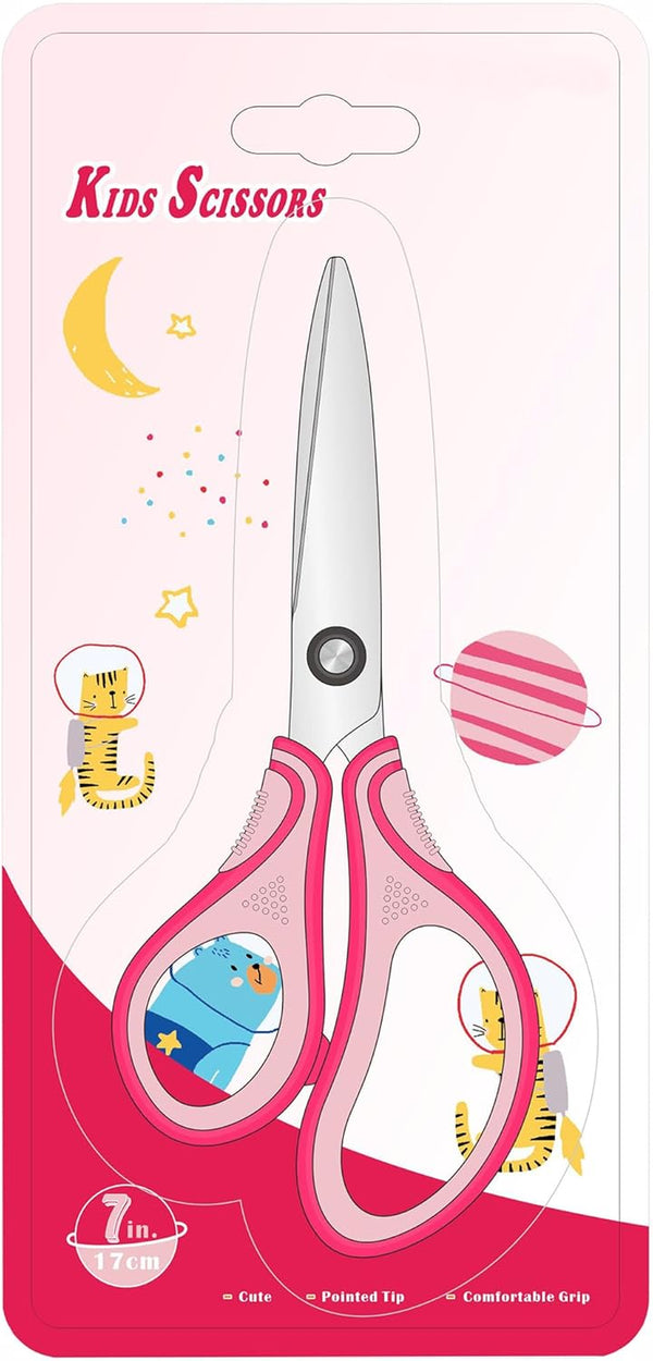 7" Real Left Handed Student Scissors, Premium Stainless Steel Blades Shears for Age 8~12,Ergonomic Semi-Soft ABS Rubber Grip, Suitable for School, Office and Family Daily Use,Pink