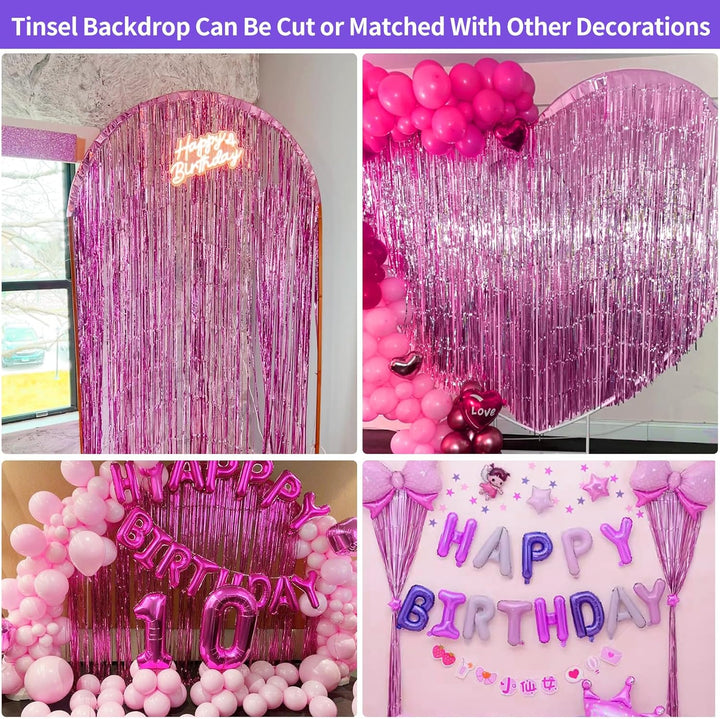 Pink Birthday Decorations for Girls, 3.3X8.2Ft Pink Tinsel Backdrop Foil Fringe Curtains, Glitter Pink Streamers Party Decorations Door Hanging for Barbie Bachelorette Graduation Halloween (2 Pack)