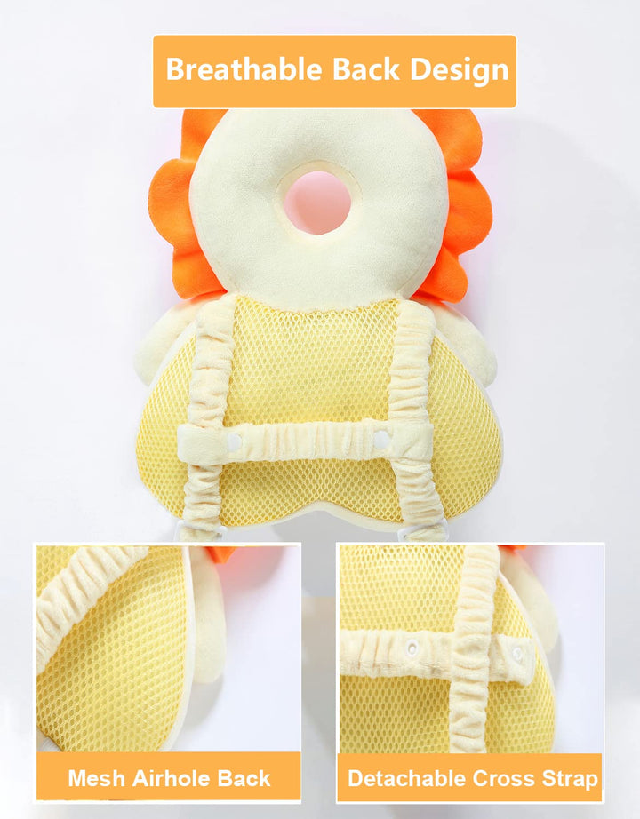 Baby Head Protector Backpack with Squeaker, Knee Pads, Anti-Slip Socks, Yellow Lion Sets