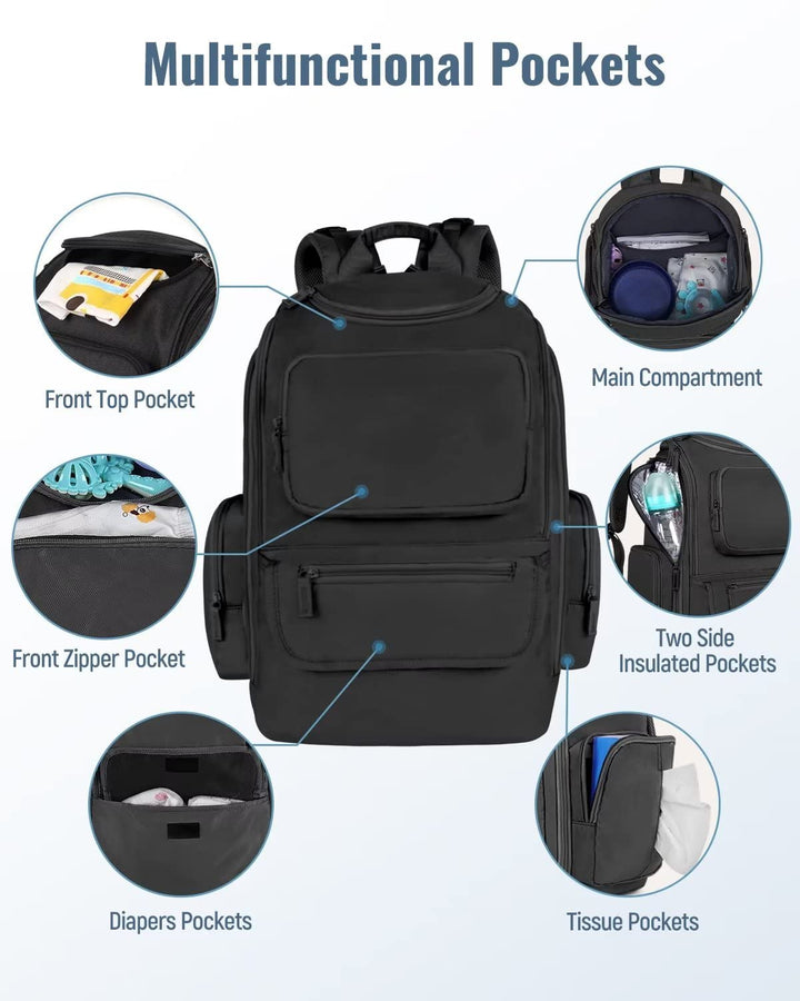 Diaper Bag Backpack, Multifunctional Dad Diaper Bag with 2 Side Insulated Pockets, Travel Water Resistant Baby Diaper Backpack for Men Women with Stroller Straps, Black