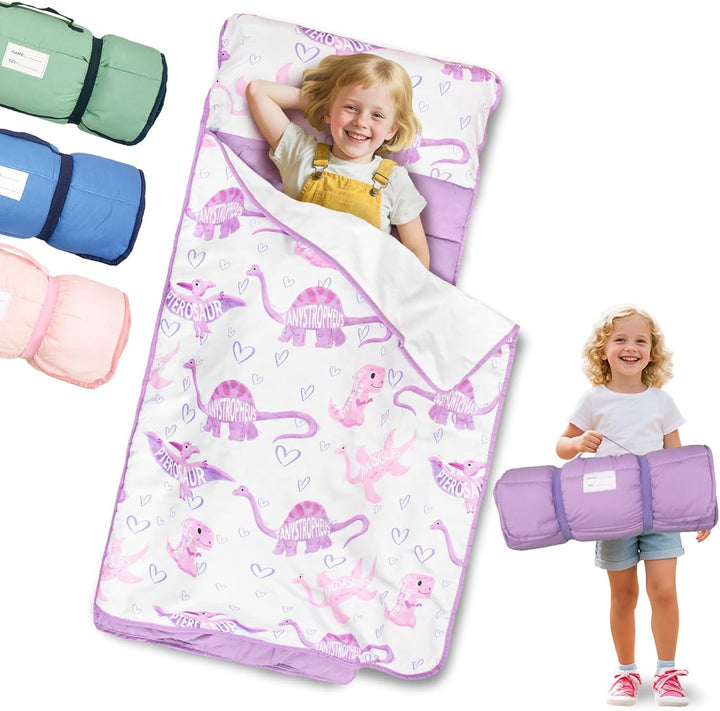 Lightweight Toddler Nap Mat Perfect for Warm Sleepers, Portable Sleeping Bag with Removable Pillow and Fleece Blanket, Washable, Great for 3 Seasons, Daycare, Preschool, Boy and Girls