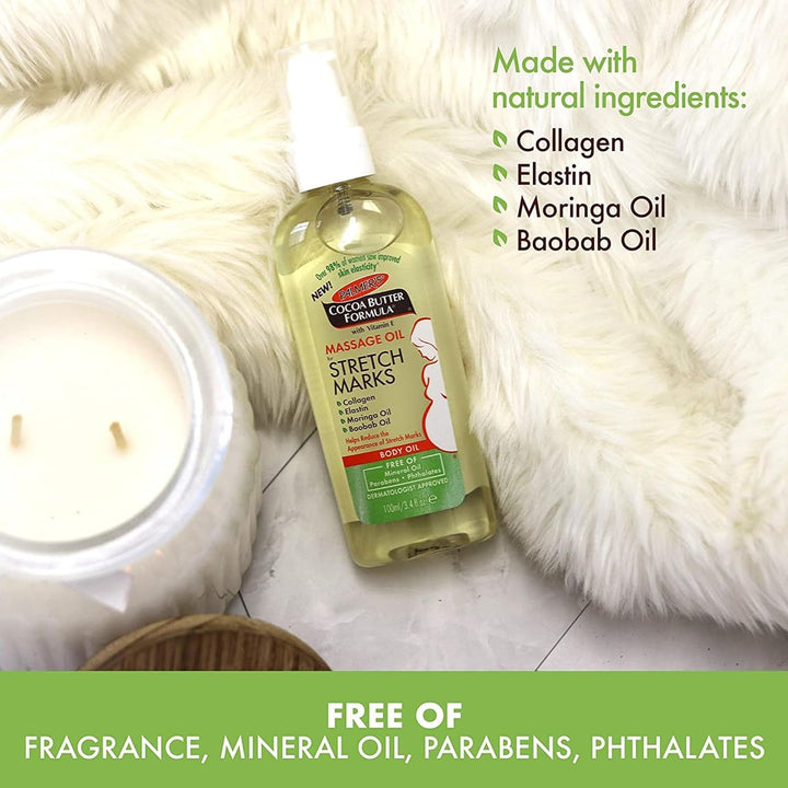 Cocoa Butter Formula Massage Oil for Stretch Marks and Pregnancy Skincare, 3.4 Ounces