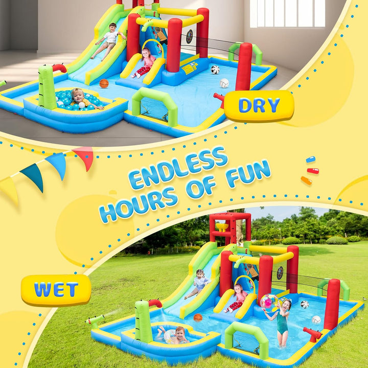 Inflatable Water Slides Park, Large Water Castle for Kids Fun Outdoor Jumping Inflatable Bouncers with Extra Large Pool and 2 Slides, 3 Types of Ball Games, Easy to Set up with Air Blower