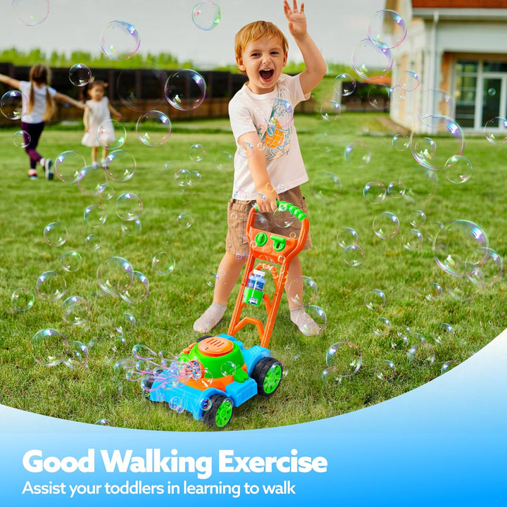 Bubble Lawn Mower Toddler Toys - Pretend Play Bubble Blower Machine Gardening Toy Leak-Proof for Indoor Outdoor Use, Push Toys Preschool Baby Boys Kids Halloween Birthday Gifts (Blue)