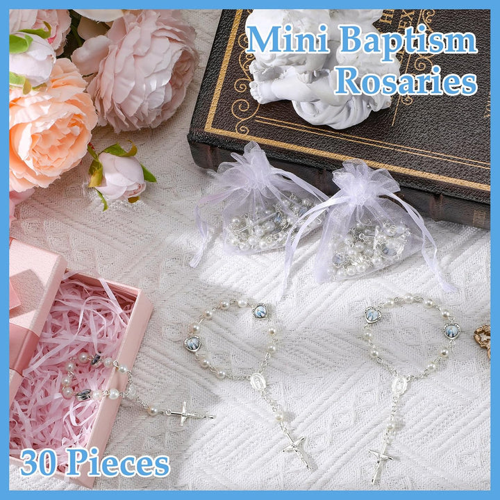 30 Sets Baptism Mini Rosary with Organza Bags Faux Pearls Baptism Rosary Favors for Guests Catholic Finger for Christening Weddings Party Favors First Communion Gift(Silvery)