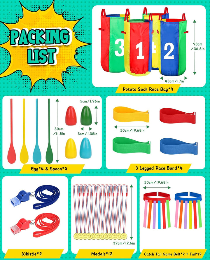 Outdoor Carnival Games, Potato Sack Bags for Kids Adults, Egg Spoon Relay Race, 3 Legged Race Bands, Catch Tail Games, Birthday Party, Field Day Family Day Yard Lawn Easter Fall Festival Games