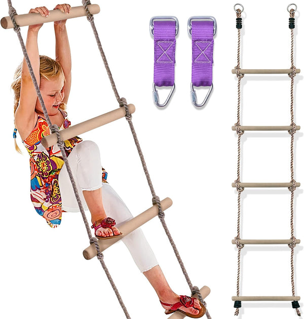 Wooden Rope Ladder for Kids - Playset Ladder for Ninja Warrior Obstacle Course Accessories | Treehouse Swing Set Bunk Bed | Playground Ninja Obstacles