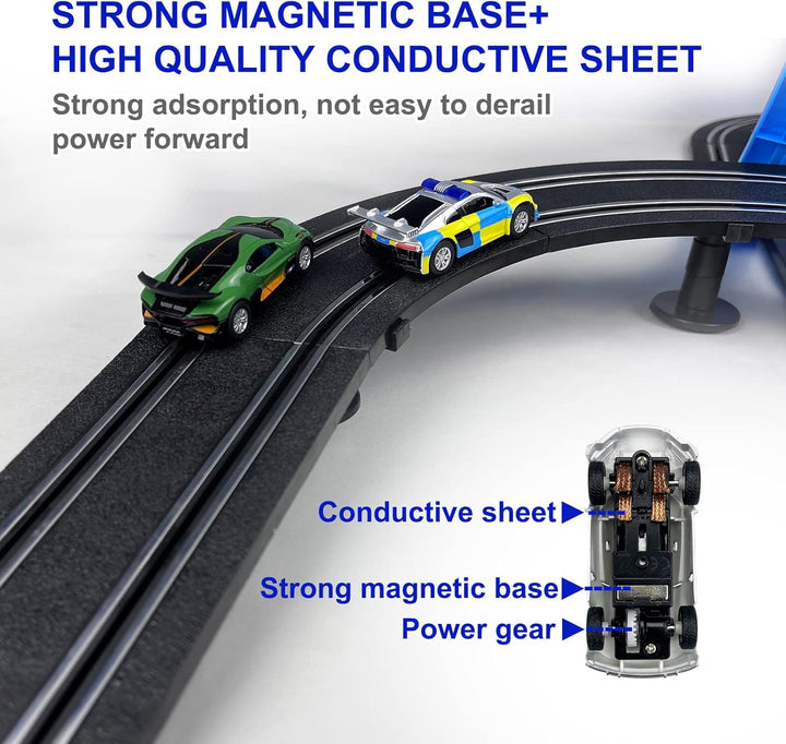 Slot Car Race Track Set, High Speed Series Tram Dual Track Set with 4 Licensed Racing Slot Cars, 2 Hand Controls, Track Parts and Lap Counter, 5.7M Long Track, Black