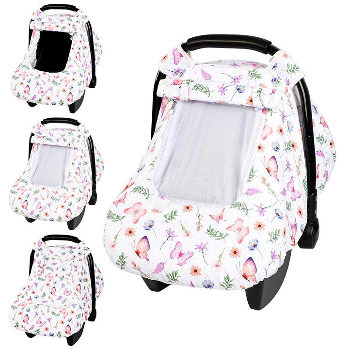 Floral Baby Carseat Cover Girls,  Infant Car Seat Covers Canopy for Newborn with 2 Layers Windows of Breathable Mesh/Fabric, Lightweight Polyester/Minky Dot Backing, Snug Fit Most Baby Car Seat