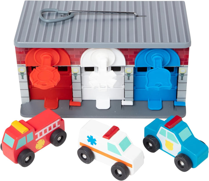 Toy Keys and Cars Wooden Rescue Vehicles and Garage (7 Pcs) Toddler Pull Back Toys, Toy Garage for Kids Ages 3+