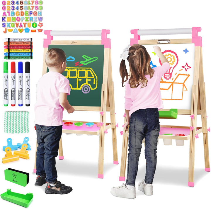 Kids Wooden Easel with Paper Roll - Adjustable Magnetic Double Sided Drawing Board Whiteboard & Chalkboard Dry Easel Board, Children Art Easel for 3~12 Years Kids Boys Girls Painting Drawing