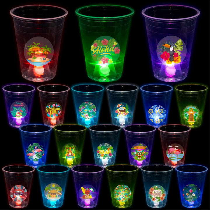 25 Light up Luau Cups for Hawaiian Moana Birthday Party Decorations - 16 OZ Glow in the Dark Plastic Tiki Party Cups for Tropical Aloha Luau Party Decor Supplies