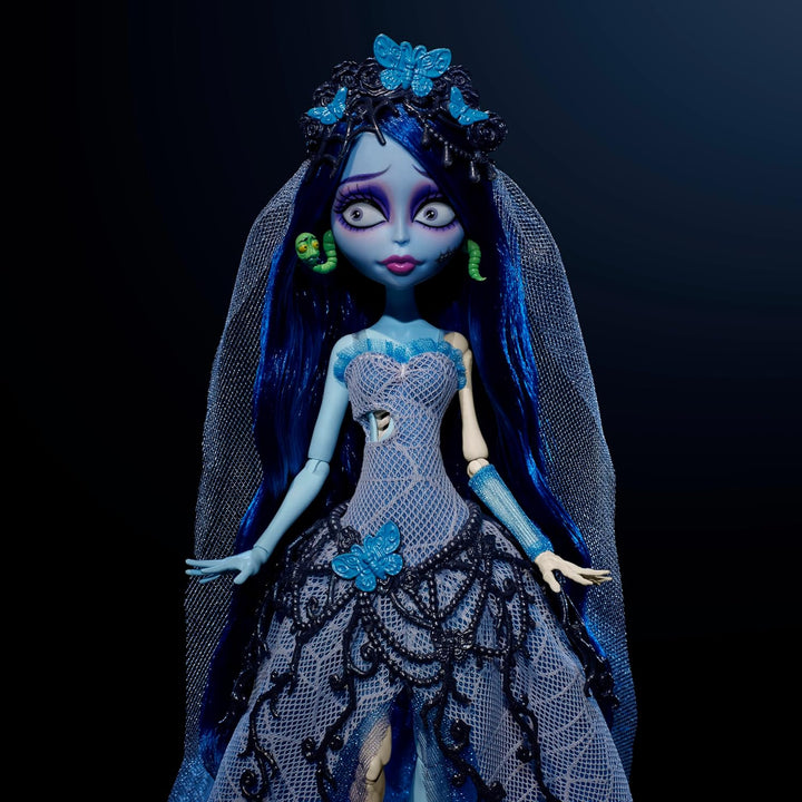 Skullector Doll, Corpse Bride Emily Collectible in Gothic Spiderweb Wedding Dress with Accessories like Gauze Veil and Doll Stand