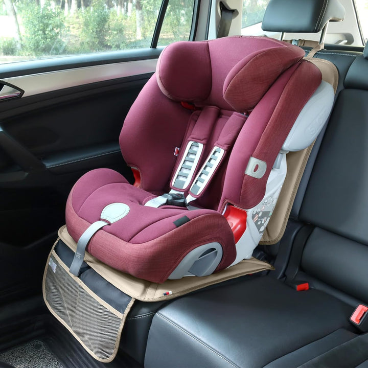 Car Seat Protector Leather Waterproof Child Safety Seat Protector Cover with Thick Pad and 2 Large Pockets Durable Kick Mat for All Auto Seat (Beige)