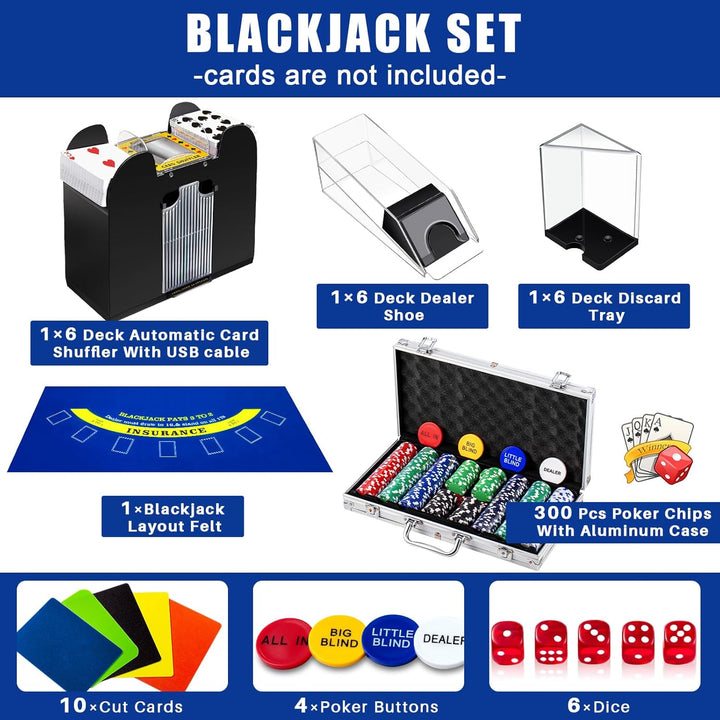 Blackjack Casino Game Set, Include 300 Poker Chips, Casino Felt 1 Automatic Card Shuffler 6 Deck Dealer Shoe Discard Holder Tray Aluminum Case for Texas Holdem Blackjack Poker(Blue)