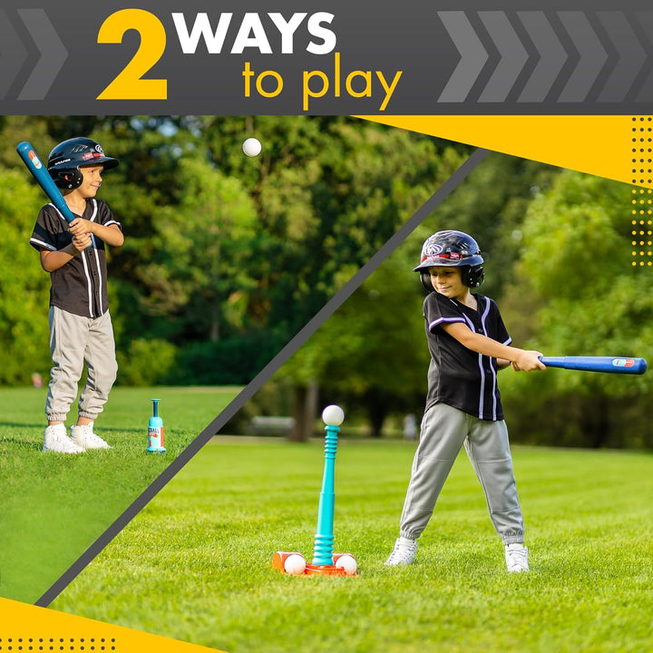 T Ball Stand for Kids and Toddlers 1-3, 3-5, 5-8. Baseball Set with 6 Large Balls, Adjustable Tball Batting Tee, and Pitching Machine. T-Ball Sets with Bat and Ball