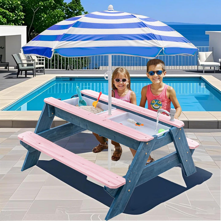 Kids 3-In-1 Sand & Water Table, Wood Outdoor Convertible Picnic Table with Umbrella, 2 Trays, Removable Top with Faucet, Picnic for Outdoor (Pink/Navy)