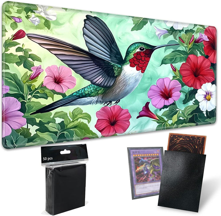 TCG Playmat Board Game Mat plus 50 Pcs Card Sleeves, 24 X 14 Table Mats Game Mousepad with Soft Surface Non-Slip Base for MTG RPG CCG Trading Card Game Playmats, Green Frog