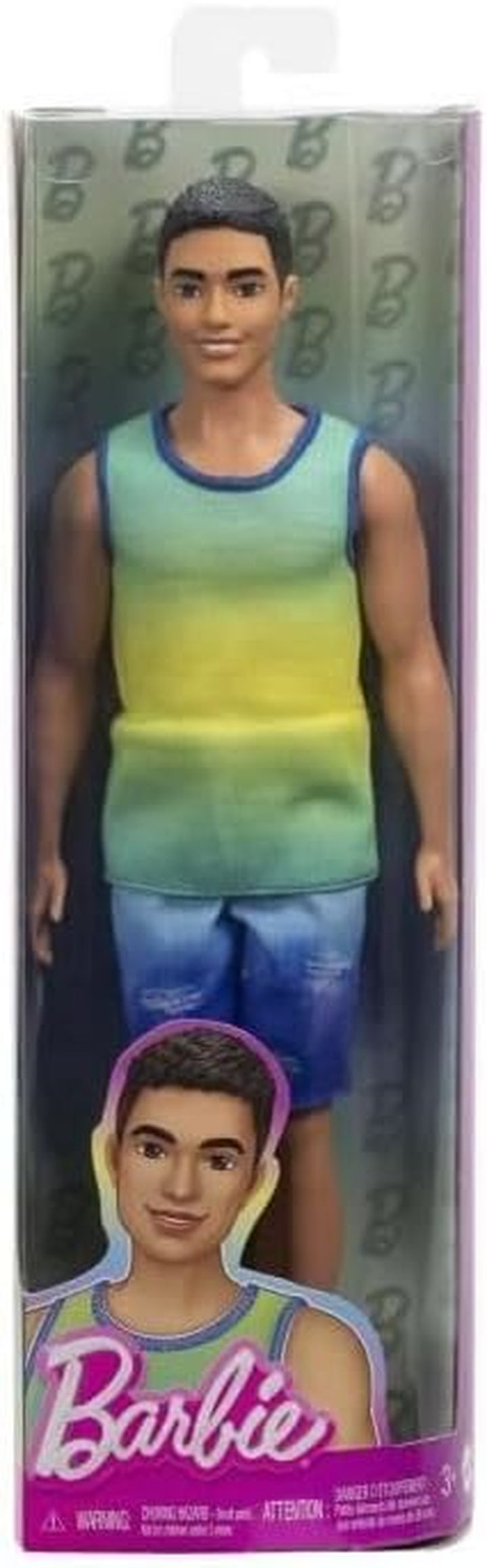 Fashionistas Ken Doll #236 with Black Hair, Wearing Blue and Green Ombre Tank with Jean Shorts and Silver Sneakers