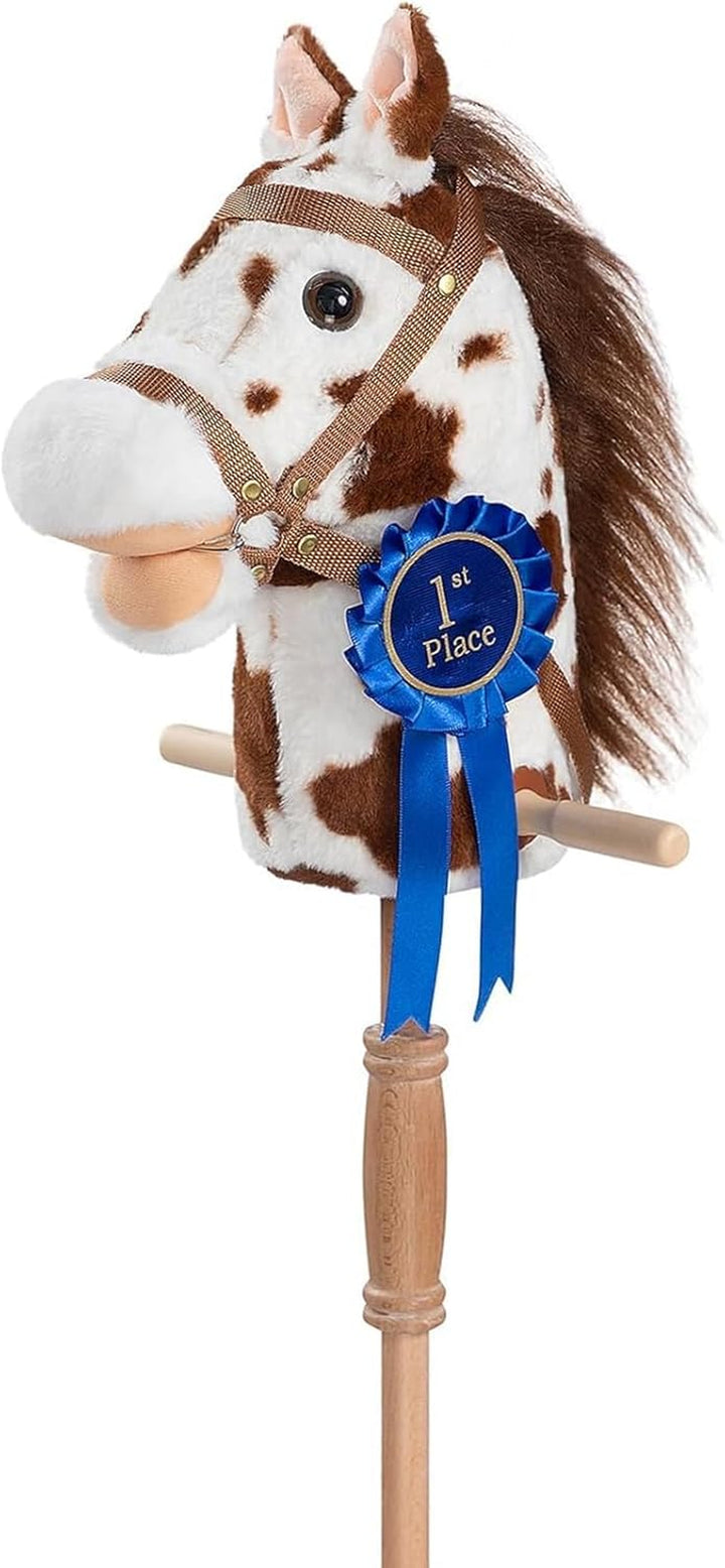 Stick Horse Plush Handcrafted Hobby Horse on a Stick with Wood Wheels Real Pony Neighing and Galloping Sounds for Kids Toddlers Dark Brown 36 Inches(Aa Batteries Required)