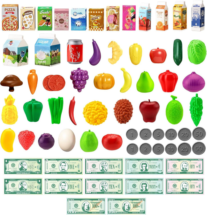 102Pcs Kids Shopping Cart Trolley Play Set with Pretend Food and Accessories,Perfect for Ages 3+ Pretend Play and Role-Playing Games