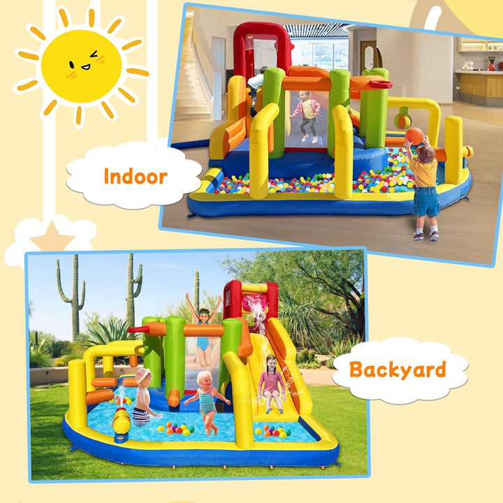Inflatable Obstacle Bounce House, Kids Bounce House Water Park with Water Slides, Surprise Dump Bucket, Obstacles,Jumping, Tunnels, Climbing,Water Cannon, and Ball Shooting Frame
