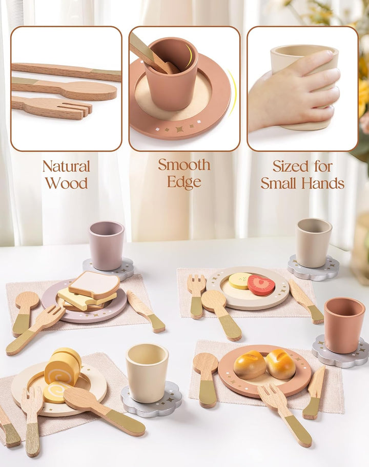 4-Set Wooden Play Dishes Set - Montessori-Inspired Play Food Accessories for Kids, Pretend Play Kitchen Set for Toddlers, Role Play Gift for Boys and Girls