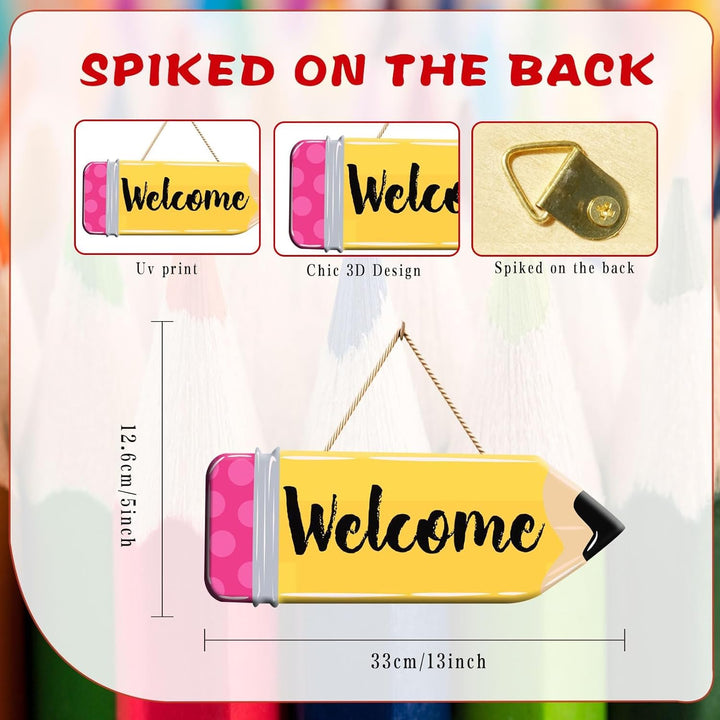 Back to School Welcome Sign Cute School Pencil Wooden Hanging Decoration Welcome Back to School Door Hanger for Teacher Student Classroom Front Porch