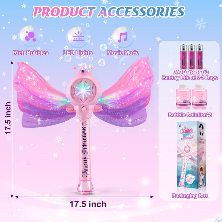 Bubble Wands for Kids Girls - LED Light & Music Bubble Machine: 3 AA Batteries & 2 Bubble Solutions, Outdoor Party Birthday Toys for Toddlers, Gift for 3 4 5 6 7 8 Year Old Girls