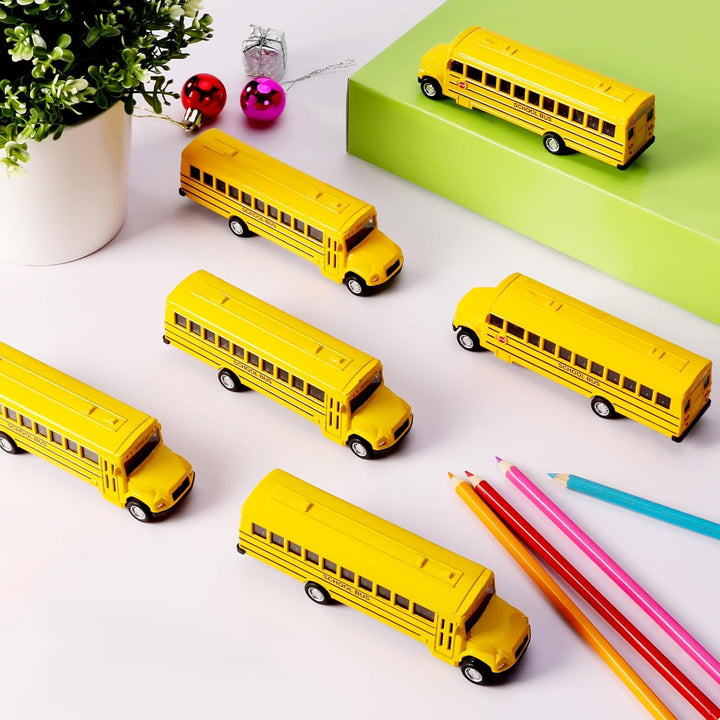 2 Pack Pull Back Bright Yellow School Bus Toys, 5.5" Die-Cast Metal Friction Powered Toy Vehicles for Kids Boys Girls