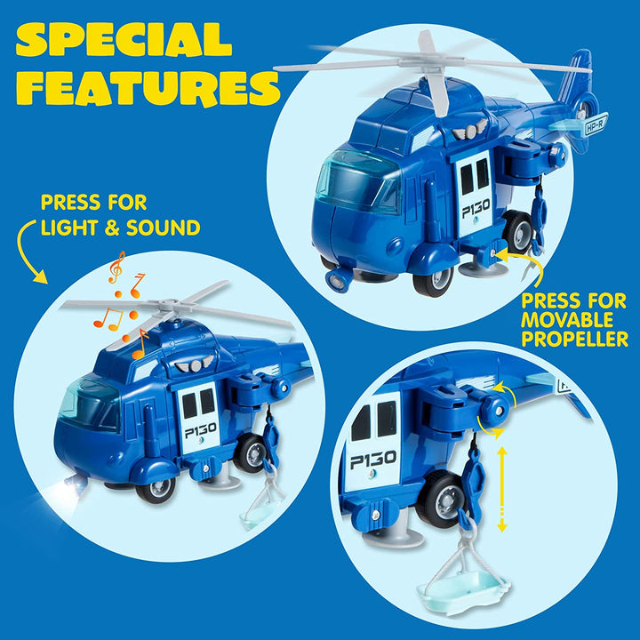 4 Packs Emergency Vehicle Toy Playsets, Friction Powered Vehicles with Light and Sound, Including Fire Truck, Ambulance, Play Police Car and Helicopter, Christmas Toddler Kids Boys Gifts
