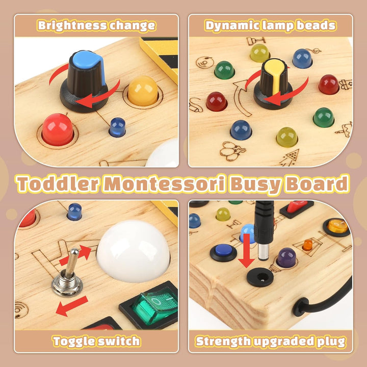 Montessori Busy Board Wooden Sensory Toys for Toddler with LED Light up Switch, Baby Fidget Board Travel Toys for 18+ Months, 1 2 3 Year Old Boys Girls Toddler Toy Gifts (Classic)