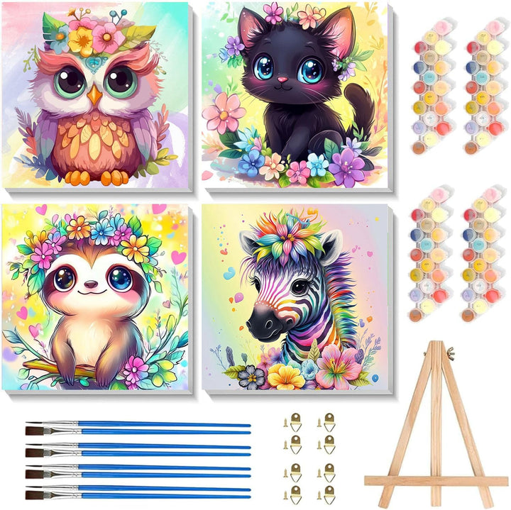 4 Pack Paint by Numbers Kit for Kids with Frame - Wooden Easel, Flowers Paint by Numbers for Kids Ages 4 8 12, Easy Flower Acrylic Oil Painting Kits for Home Wall Decoration 8X8 Inch
