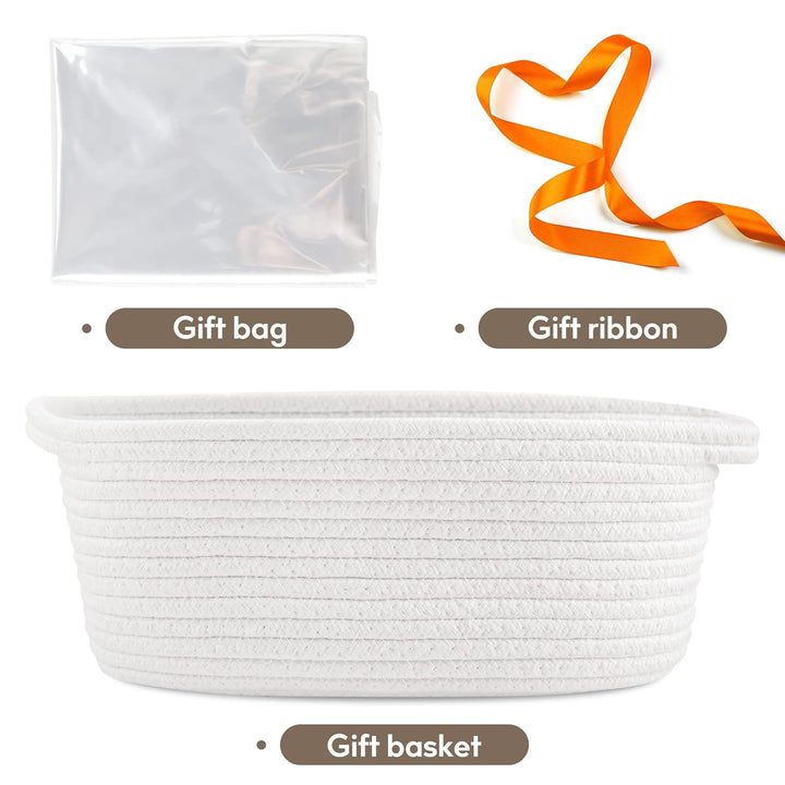 Small Woven Basket with Gift Bags and Ribbons Durable Baskets for Gifts Empty Small Rope Basket for Storage 12"X 8" X 5" Baby Toy Baskets with Handles, White