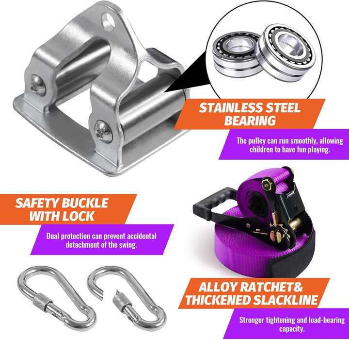 Zipline Kit for Kids and Adutls, Stainless Steel Pulley,Slackline 56Ft with Zipline,Zip Lines for Backyard，Zip Line Kit with Climbing Rope Swing