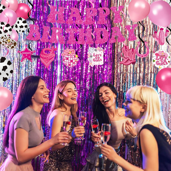 131 PCS Cowgirl Birthday Party Decorations Disco Cowgirl Party Decorations - Includes Plates, Napkins, Cups, Banner, Hanging Swirl, Tablecloth, Balloon for Western Cowgirl Party Decorations, Serve 24